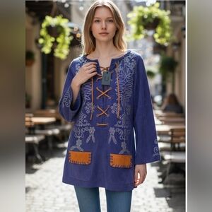 UNDERSTATED BRAND Embellished BluePURPLE Tunic DRESS OR TOP 100% LEATHER SUEDE